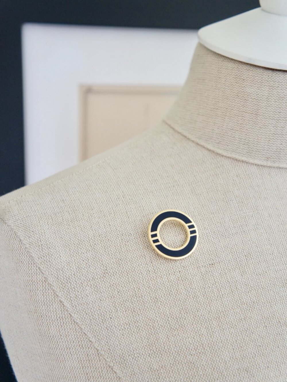 Vintage Monet Circular Gold & Navy Enamel Blue Art Deco Brooch Pin